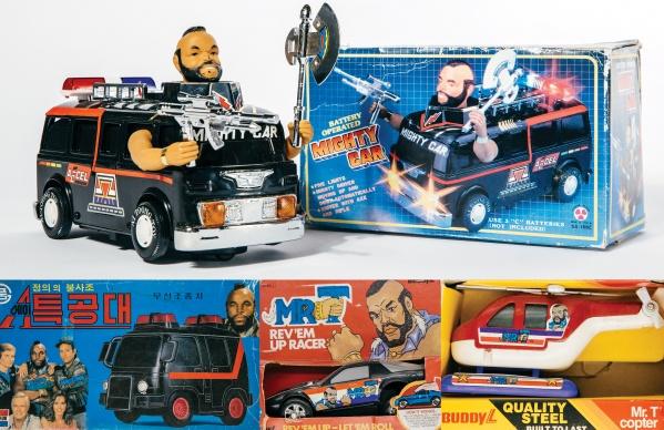 I Pity the Dolls" by Schiffer Publishing, Ltd. features vintage Mr. T memorabilia—black van, helicopter, soft sculpture dolls—with vibrant boxes adorned in bold retro designs and lively Mr. T illustrations.