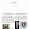 On a book page titled Chapter 1: The Leap from Ornamental Turning to Guilloché by Schiffer Publishing, Ltd., three images—an ancient jug, silver ornament, and portrait—accompany text on guilloché history and the rise of the rose engine.