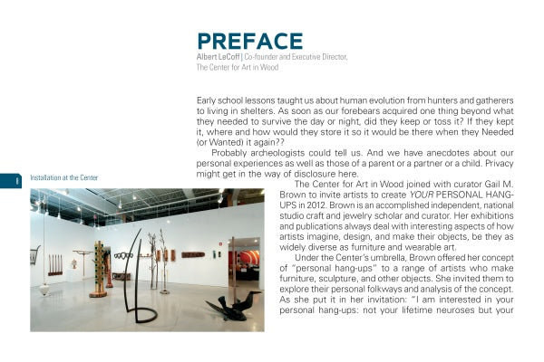 A preface page explores our relationship with possessions and privacy, featuring a photo of "Your Personal Hang-ups" by Schiffer Publishing, Ltd.—an art installation with sculptural pieces like a striking coat rack in a bright gallery.