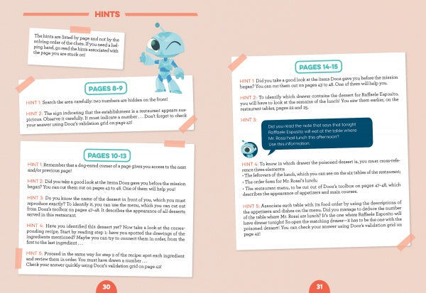 Escape Game Adventure: Operation Pizza by Schiffer Publishing, Ltd. features an illustrated puzzle book with hints for pages 8–15, a blue robot mascot, taped paper graphics, numbered hints, and a blue tip box on a pale orange background.