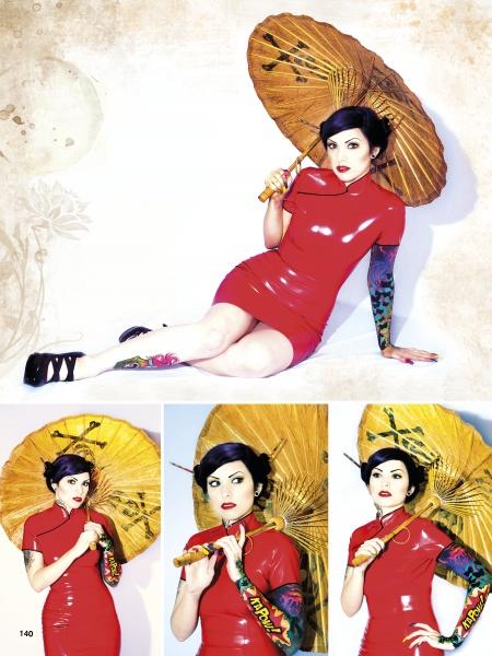 A woman in a red dress and black heels poses with a yellow parasol, displaying her colorful tattoos. Three close-ups highlight vivid tattoo photography from "Revelations" by Schiffer Publishing, Ltd., celebrating American tattoo artistry.