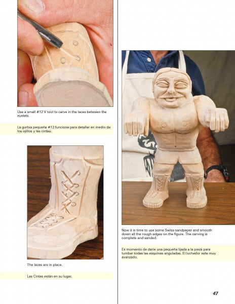 A collage shows hand-carved boot laces, a finished wooden boot, and a muscular wooden wrestler figure on a table. "Carving Mexican Wrestlers" by Schiffer Publishing, Ltd. includes text instructions on the page.