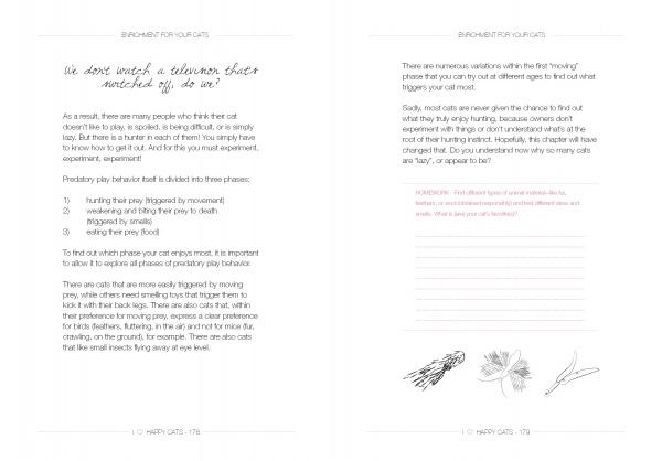 Two pages from "I Love Happy Cats" by Schiffer Publishing, Ltd. feature notes on cat behavior and predatory play, plus simple drawings of toys—ideal for tips on creating harmony among your cats.