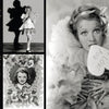 A collage from "Hollywood Celebrates the Holidays" by Schiffer Publishing, Ltd. features three black-and-white vintage photos of a woman in a frilly dress—one with a heart-shaped LOVE YOU sign, others of her posing and framed by floral and text accents.