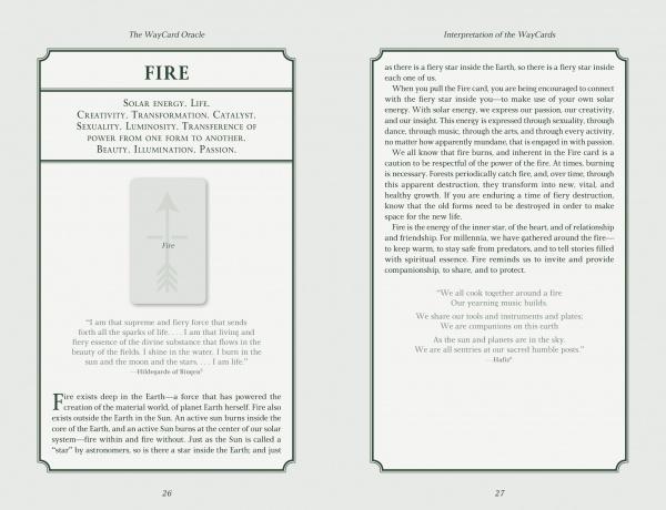 Two pages from Schiffer Publishing’s The WayCard Oracle examine the “FIRE” card. One page features the card, keywords, symbol, and meaning; the other provides a deeper interpretation of fire in nature-based spirituality.