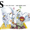 Six swans sip soda through straws, drinks in wing, circling Willie the Taxi Cat from Schiffer Publishing, Ltd., who wears a red hat and green shirt as he drives a yellow car. Text: Six sassy, but sweet, soda-sipping swans.