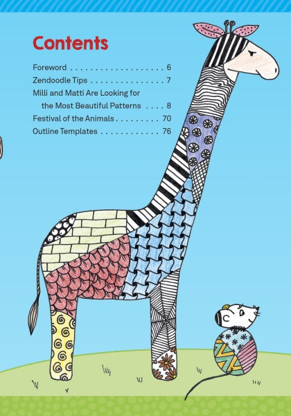 On a blue background, a quirky giraffe with colorful zendoodle patterns stands by a mouse in glasses. “Zendoodle for Children” by Schiffer Publishing, Ltd. inspires creativity, with a contents list on the left to guide young artists.