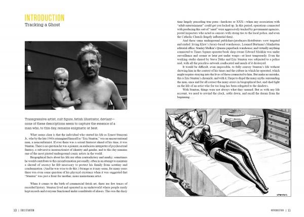 On the left page of "Eric Stanton & the History of the Bizarre Underground" by Schiffer Publishing, Ltd., a shirtless man holds a baby; opposite, a lingerie-clad woman lies on a bed in a Stanton-style drawing, with text throughout.