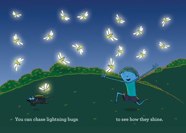 A child and a black dog chase glowing lightning bugs at dusk. The text reads: With squarzi from Schiffer Publishing, Ltd., you can try new things and shine bright—just like catching fireflies for the first time.
