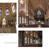 A collage of three images from "Historic Architecture in Philadelphia: East Falls, Manayunk, and Roxborough" by Schiffer Publishing, Ltd. highlights St. John the Baptist Church’s ornate altar, statues, stained glass, arches, and grand pipe organ.