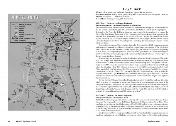 Map of Sicily showing troop movements and positions on July 7, 1943, with numbered routes. The right page details military actions, referencing Tiger tanks like those in Schiffer Publishing's "Waffen-SS Tiger Crews at Kursk.