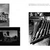A photo book spread from "Trains" by Schiffer Publishing, Ltd. features black-and-white images of historic buildings, vintage bicycles, industrial equipment, steam locomotives, mid-century rail transport, and a pianist, with text captions.