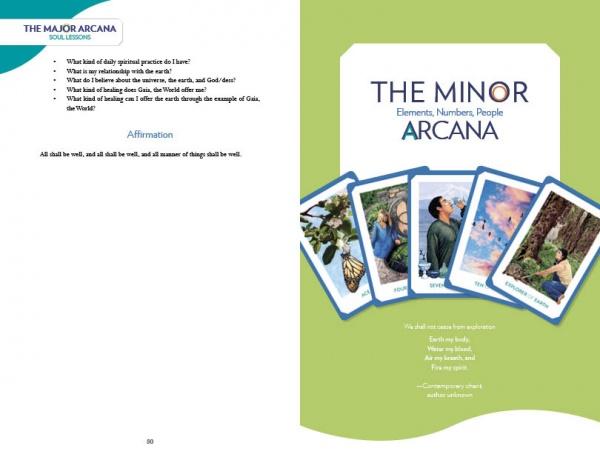 Two pages from the Gaian Tarot guidebook by Schiffer Publishing, Ltd. Left: spiritual practice guidance and an affirmation. Right: introduction to the Minor Arcana with vibrant, healing Gaian Tarot cards fanned out in illustration.