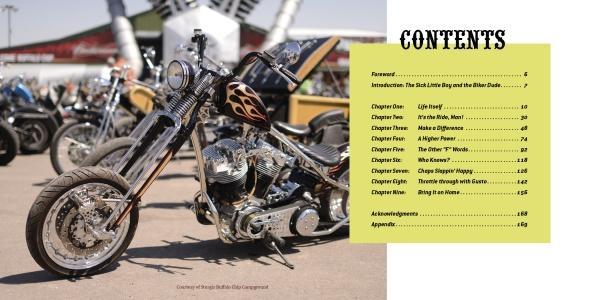 A custom motorcycle with flame detailing is parked among others at an outdoor event, reflecting biker spirit. To the right is a yellow table of contents for "The Meaning of Life According to Bikers" by Schiffer Publishing, Ltd.