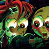 Two big-eyed, colorful cartoon characters in pop art style watch a glowing electric guitar being repaired with sparks flying. The dramatic, graphic novel-like scene is from "The Sweet Rot" by Schiffer Publishing, Ltd.