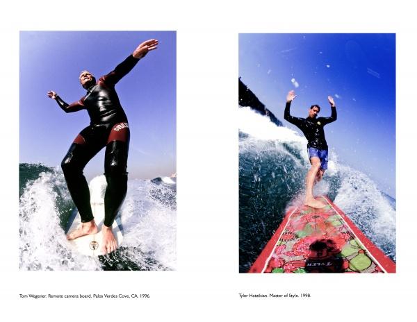 Two surfers glide on waves under a clear sky—one in a wetsuit, the other barefoot on a red board—splashing water surrounds them. From Schiffer Publishing, Ltd.: “Flying Through the Clouds,” inspired by Jim Russi's iconic surf photography.