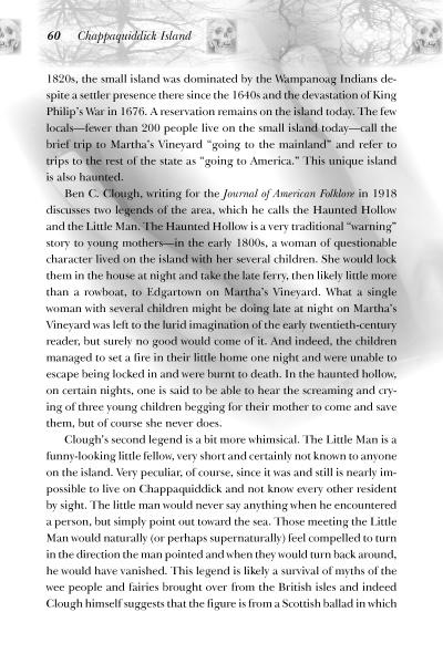 A page from "Spooky Creepy Boston" by Schiffer Publishing, Ltd. covers Chappaquiddick Island’s history—Native Americans, settlers, local legends like the Haunted Hollow and Little Man—and references Ben C. Clough’s 1918 tales of haunted Boston.