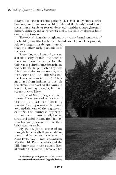 Page 40 of *Haunted Plantations of Virginia* (Schiffer Publishing, Ltd.) features a black-and-white photo of a grand house and trees, plus text on its English design and layout, as part of a section about Virginia's haunted houses.