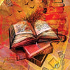 A card from the Mirror Truth Lenormand Cards by Schiffer Publishing, Ltd. features an open glowing book, flying birds, stacked books, fiery background, abstract buildings, numbers 26 and 10, and the word "Book.