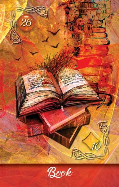 A card from the Mirror Truth Lenormand Cards by Schiffer Publishing, Ltd. features an open glowing book, flying birds, stacked books, fiery background, abstract buildings, numbers 26 and 10, and the word "Book.