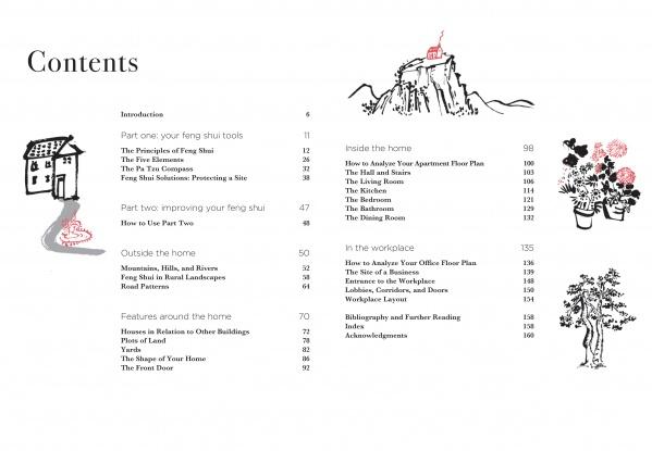 The table of contents for Feng Shui by Schiffer Publishing, Ltd. features section titles, page numbers, and small house, mountain, and flower pot illustrations in a two-column design with five-element-inspired decorative accents.
