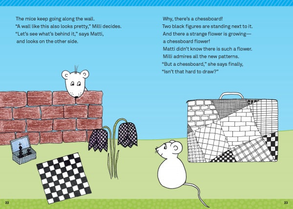 An illustrated scene from "Zendoodle for Children" by Schiffer Publishing, Ltd. shows two white mice near a red brick wall, chess pieces on the grass, patterned flowers, and a large zendoodling suitcase under a blue sky, with text on both pages.