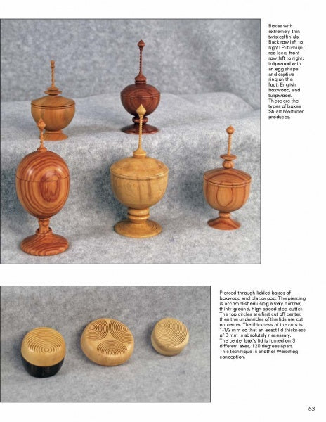 Five polished Turning Boxes with Friction-Fitted Lids from Schiffer Publishing, Ltd. are displayed on a gray surface, including three small round lidded boxes with carved spiral designs—perfect for any woodturning enthusiast.