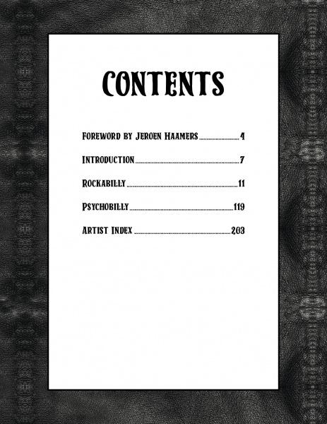 A table of contents page for “Rockabilly/Psychobilly” by Schiffer Publishing, Ltd., features a bold “CONTENTS” heading and five entries on a textured black background, covering rockabilly art, psychobilly artwork, and an Artist Index.