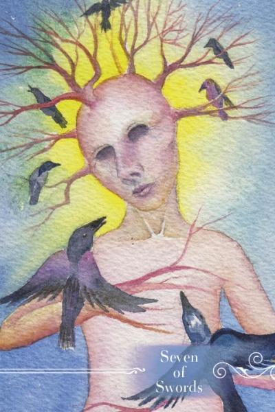 Surreal watercolor image inspired by Guardian Tarot from Schiffer Publishing, Ltd.: a faceless figure with tree-like branches on their head, black birds around them. "Seven of Swords" text below. Background in shades of blue and yellow.