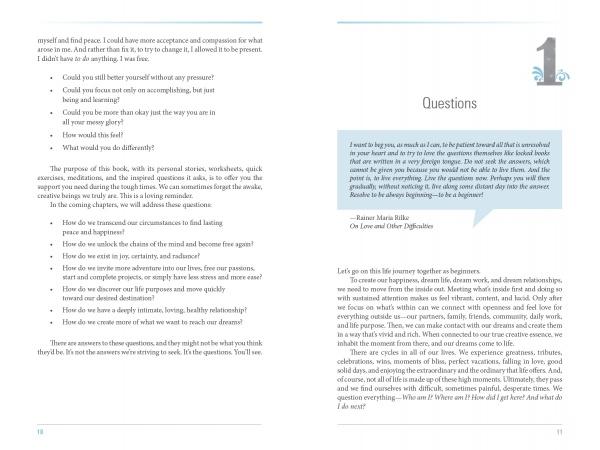 A two-page spread from The Muse in You by Schiffer Publishing, Ltd. shows questions in bullet points on the left and, on the right, a large number 1 with a quote in a blue box plus introductory text inspired by a creativity guidebook.