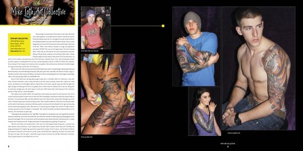 A magazine spread showcases Tattoo Road Trip by Schiffer Publishing, Ltd., featuring photos of tattooed individuals with detailed sleeve and side tattoos, plus a small image of two people smiling together.