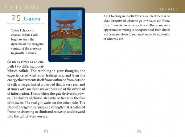 A card from The Empathic Oracle by Schiffer Publishing, Ltd. titled “25 Gates,” featuring a torii gate and mountains, appears on pages 82–83, with text on choices, self-expression, and the energy of choosing your path.