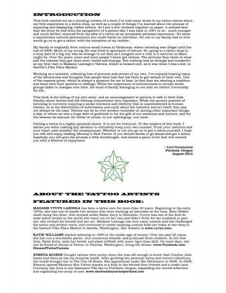 A page from "Mommy's New Tattoo" by Schiffer Publishing, Ltd. shows a green geometric star, an intro on tattoo stories by Lars Krutak, and profiles of featured tattoo artists. Black text appears on a white background.