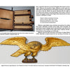 Photograph features two museum items: an ancient scroll in a wooden case and a Bellamy style eagle (as seen in "How to Carve Bellamy Eagles" by Schiffer Publishing, Ltd.), both on white backgrounds with descriptive labels.