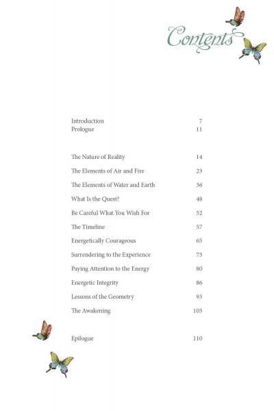 The table of contents for The Empath's Quest by Schiffer Publishing, Ltd. features elegant butterfly decor and lists Introduction, Prologue, chapters with page numbers, and Epilogue in a clean font—inviting readers on a purposeful journey.
