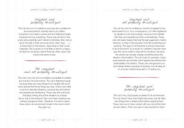 Two pages from "I Love Happy Cats" by Schiffer Publishing, Ltd. feature headings and handwritten-style subheadings—“Confident and Properly Socialized” and “Not Confident and Not Properly Socialized”—with tips for harmonious feline behavior at home.
