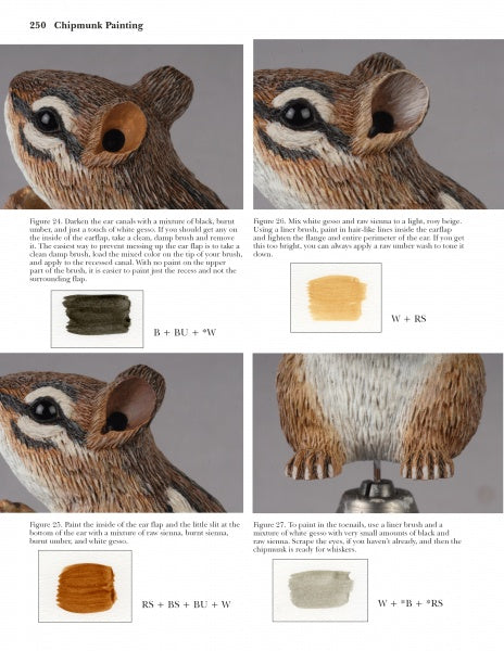 Carving Animals -- Bunnies and Chipmunks by Schiffer Publishing, Ltd. offers a chipmunk painting guide with close-up ear, eye, and ear flap color mixes in brown, black, blue, beige, and white—perfect for animal carving projects.