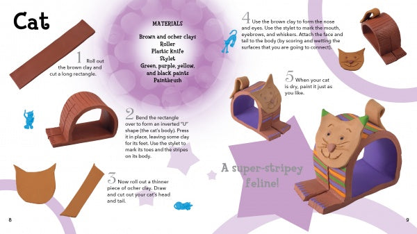 Step-by-step illustrated instructions from Schiffer Publishing, Ltd. show how to sculpt a clay cat, with images of rolled and shaped brown Clay, a striped cat figure, and labeled steps for assembly and decoration.