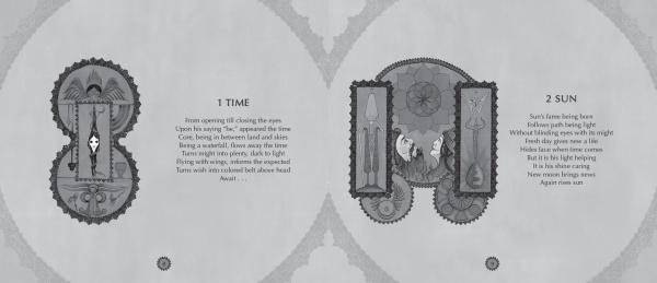 Two illustrated circular diagrams in Schiffer Publishing, Ltd.’s "Falnama" frame poetic texts. Labeled “1 TIME” and “2 SUN,” their intricate motifs evoke the artistry of Islamic manuscript-inspired oracle decks.