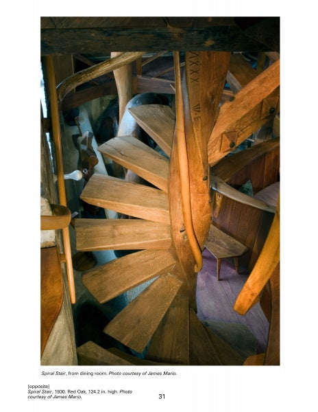 A close-up view looking down a handcrafted wooden spiral staircase with sculptural wood details in warm brown tones, featured in "Wharton Esherick Studio & Collection" from Schiffer Publishing, Ltd.