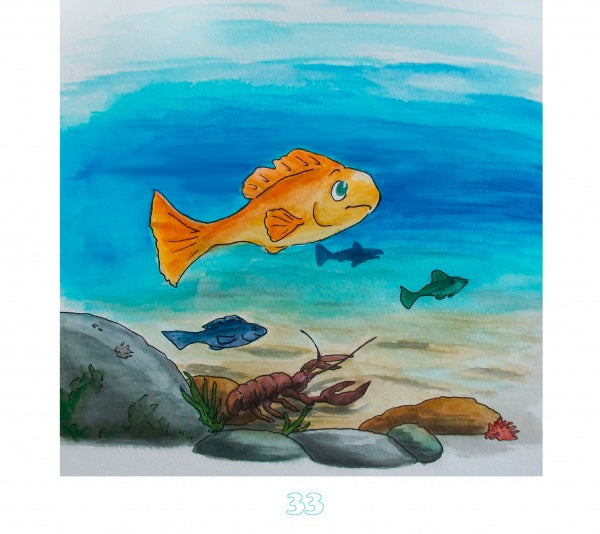 A large orange fish swims underwater with three smaller fish, while a crayfish rests near rocks and plants. The blue water and lively scene from "Beyond the River" by Schiffer Publishing, Ltd. are ideal for early readers ages 5-8.
