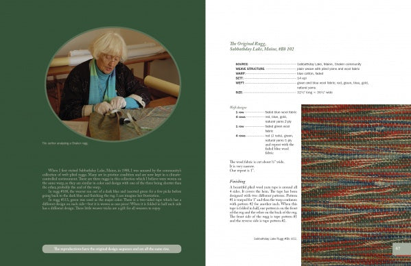 A woman with light hair and glasses weaves fabric on a loom. On the right, Weaving Shaker Rugs by Schiffer Publishing, Ltd. is shown with close-ups of colorful weaving and text about the process and unique rug specifications.