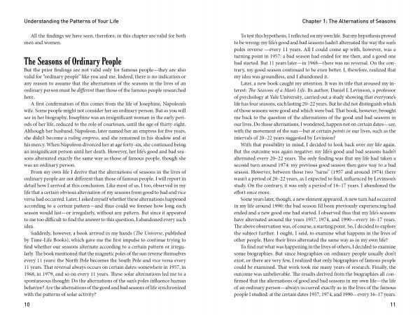 A book spread from "Understanding the Patterns of Your Life" by Schiffer Publishing, Ltd. features "The Seasons of Ordinary People" and "The Alternations of Seasons," discussing life patterns, Napoleon, and research on phases and personal growth.