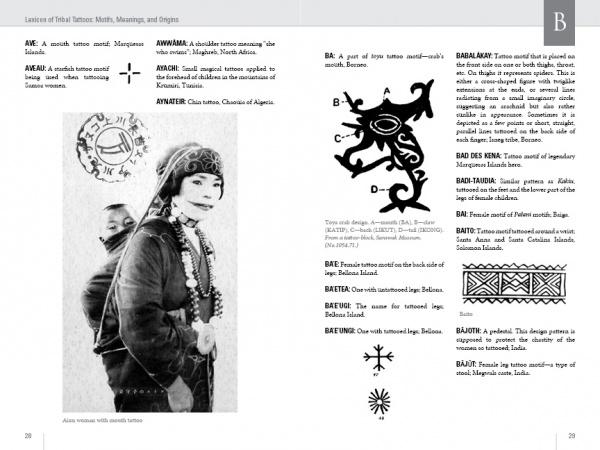 A page from "Lexicon of Tribal Tattoos" by Schiffer Publishing, Ltd. shows an old photo of an Amazigh woman with tattoos and jewelry on the left, and descriptions of various tattoo motifs from different cultures on the right.