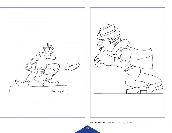From "Caricatures in Motion" by Schiffer Publishing, Ltd.: Two black-and-white cartoon sketches—left, a figure saluting with bent leg (rear view); right, a hat-wearing person crouches with raised hands, facing left.