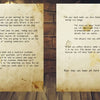 Two weathered, stained book pages with black text from Pirates Escape Game by Schiffer Publishing, Ltd. describe waking up alone and tracking your adventure, like an educational puzzle book, all on a faded vintage background with instructions and sections.