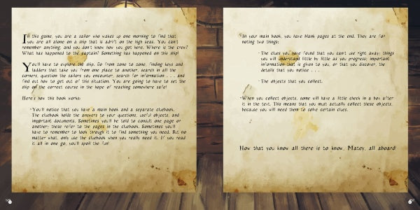 Two weathered, stained book pages with black text from Pirates Escape Game by Schiffer Publishing, Ltd. describe waking up alone and tracking your adventure, like an educational puzzle book, all on a faded vintage background with instructions and sections.