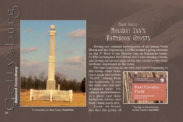 A tall stone monument with a sphere atop rises behind a white fence at East Cavalry Battlefield, featured in "Haunted Gettysburg" by Schiffer Publishing, Ltd., which also recounts a Holiday Inn bathroom ghost story nearby.
