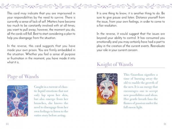 A page from Schiffer Publishing, Ltd.’s Guardian Tarot presents mystical illustrations and detailed meanings for the Page and Knight of Wands, including upright and reversed interpretations, with a focus on personal growth.