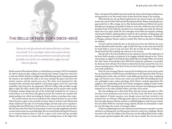 Two-page spread from Schiffer Publishing, Ltd.'s Harriet Quimby book, showing a woman in a large hat with a quote on the left, and text columns on both pages highlighting Quimby and early women in aviation.